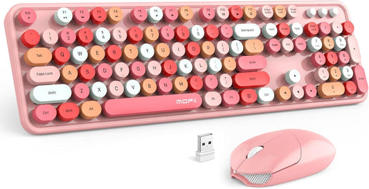 Wireless Keyboard and Mouse, Pink Colorful round Key Retro Typewriter Keyboards, USB Wireless 2.4G Full Size Keyboard and Cute Mice Combo for Computer, Laptop, PC, Chromebook, Smart TV