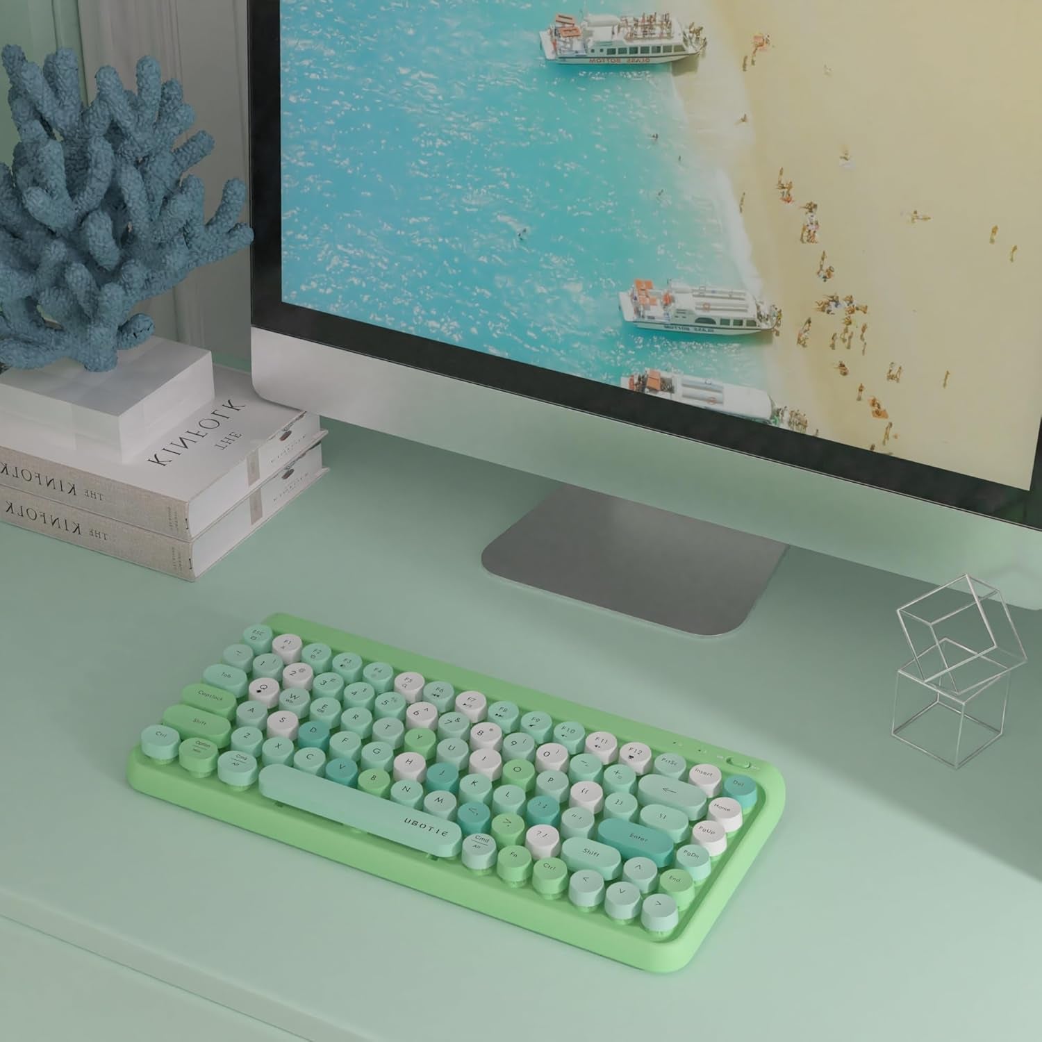 Portable Bluetooth Colorful Computer Keyboards, Wireless Mini Compact Retro Typewriter Flexible 84Keys Design Keyboard (Green-Colorful)