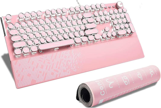 Pink Retro Typewriter Keyboard, Wired Mechanical Gaming Keyboard with Pure White Backlight, 104 Keys Retro Steampunk Vintage Keyboard with Blue Switches, Metal Panel round Keycaps (Pink)