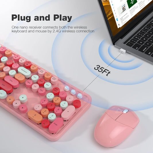 Wireless Keyboard and Mouse, Pink Colorful round Key Retro Typewriter Keyboards, USB Wireless 2.4G Full Size Keyboard and Cute Mice Combo for Computer, Laptop, PC, Chromebook, Smart TV