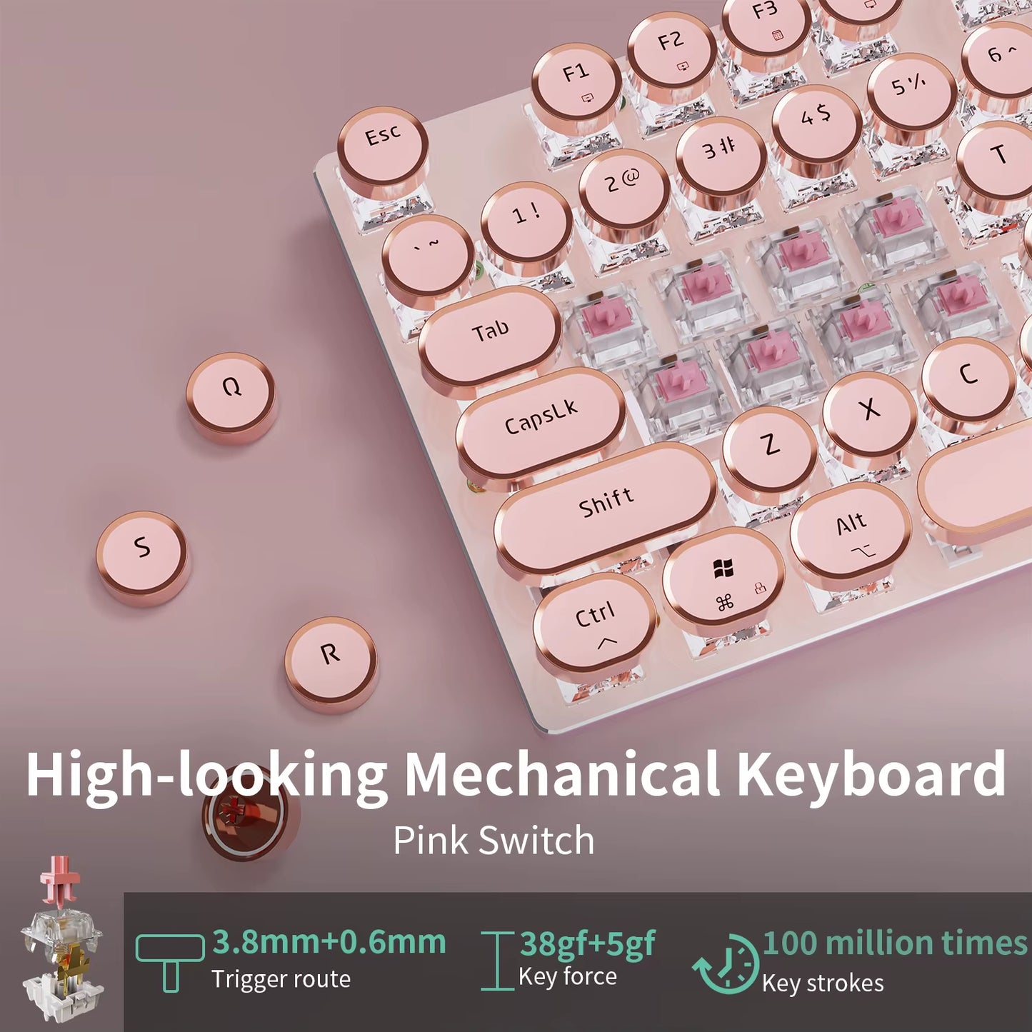 V20 Punk Typewriter Mechanical Gaming Keyboard, 104 Keys round Keycaps LED White Backlit, Key-Wire Separation Design