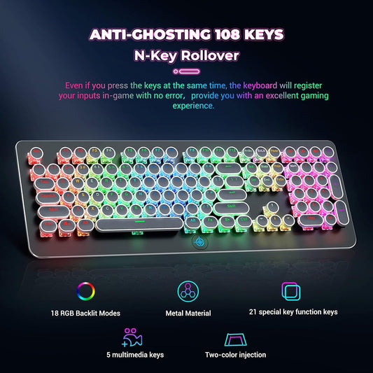 Retro Mechanical Keyboard,  Typewriter Keyboard, RGB Gaming Keyboard with RGB Backlit,Retro Keyboard with round Keycaps and Multimedia Keys for Gaming/Office(108 Keys,Brown Switch,Black)