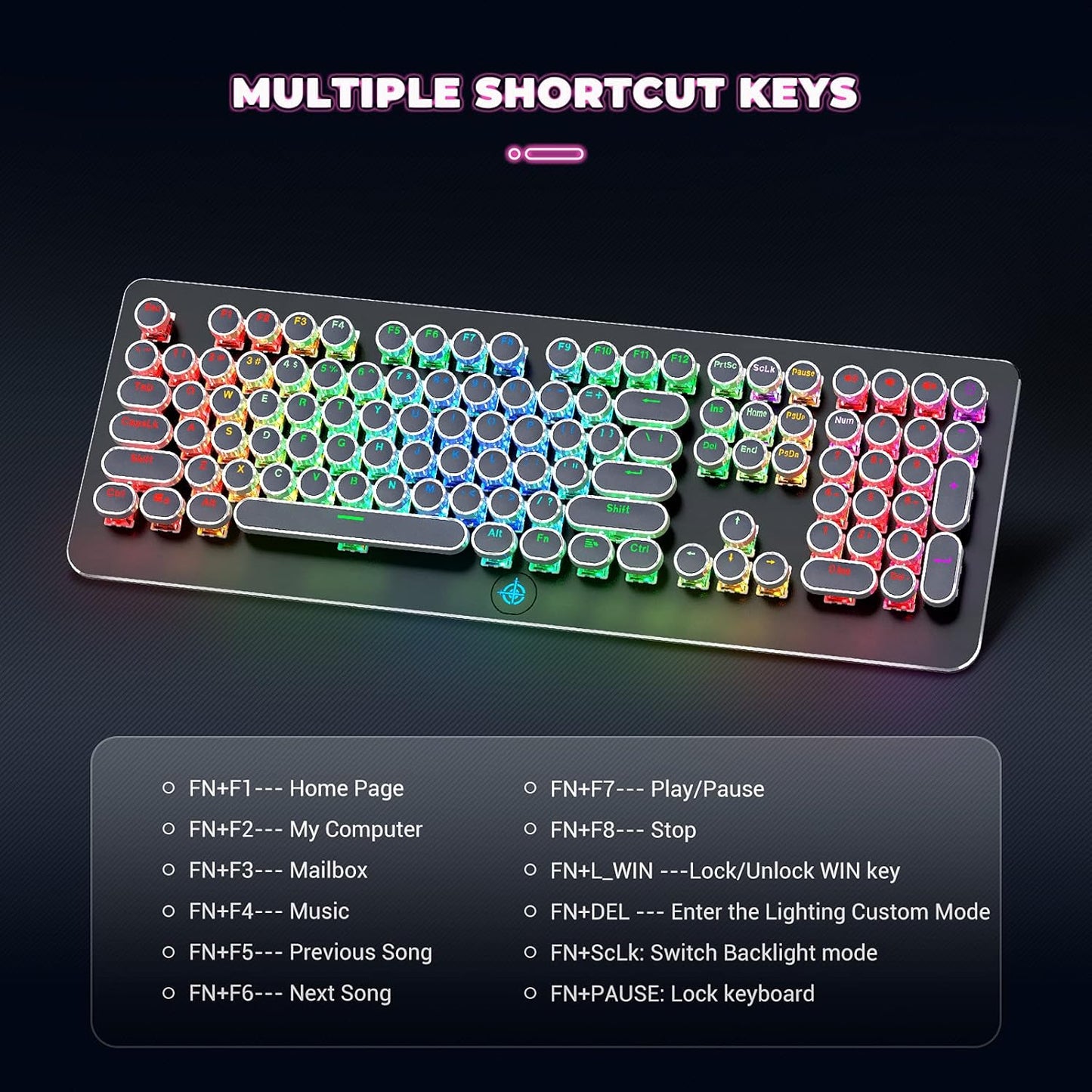 Retro Mechanical Keyboard,  Typewriter Keyboard, RGB Gaming Keyboard with RGB Backlit,Retro Keyboard with round Keycaps and Multimedia Keys for Gaming/Office(108 Keys,Brown Switch,Black)