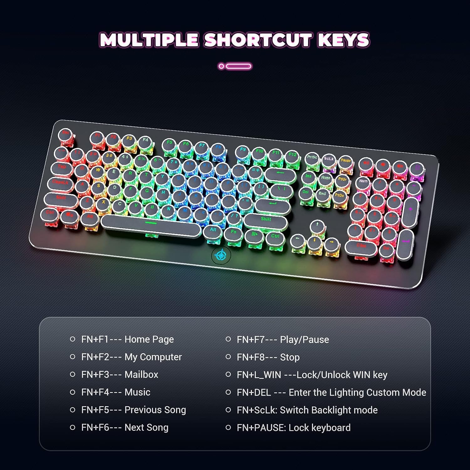 Retro Mechanical Keyboard,  Typewriter Keyboard, RGB Gaming Keyboard with RGB Backlit,Retro Keyboard with round Keycaps and Multimedia Keys for Gaming/Office(108 Keys,Brown Switch,Black)