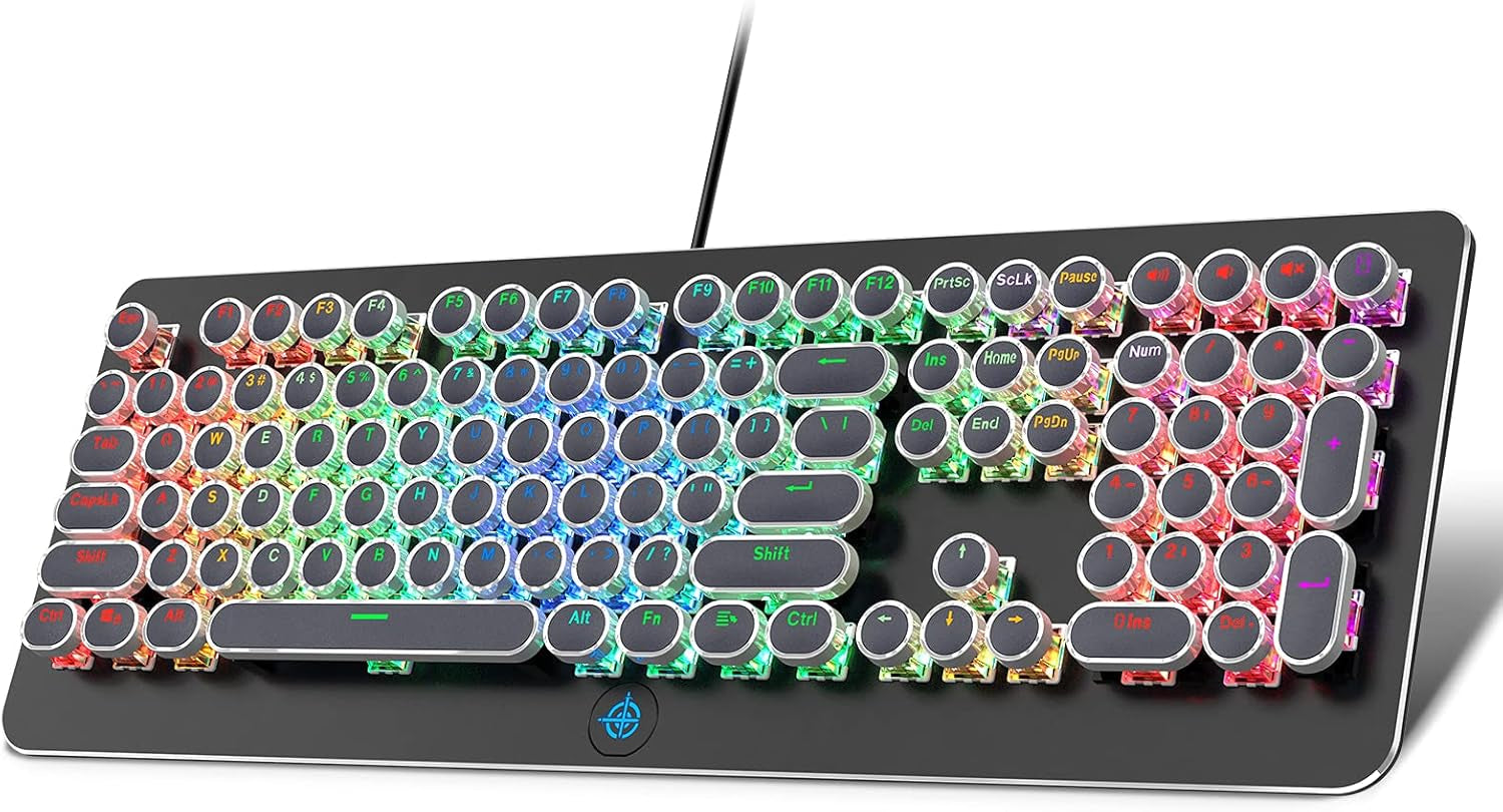 Retro Mechanical Keyboard,  Typewriter Keyboard, RGB Gaming Keyboard with RGB Backlit,Retro Keyboard with round Keycaps and Multimedia Keys for Gaming/Office(108 Keys,Brown Switch,Black)