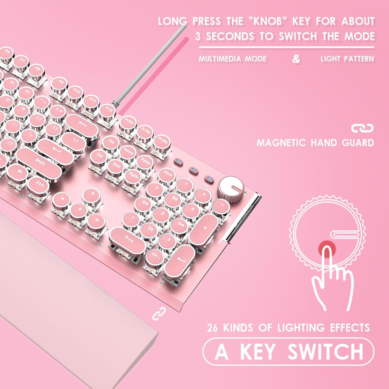 Pink Retro Typewriter Keyboard, Wired Mechanical Gaming Keyboard with Pure White Backlight, 104 Keys Retro Steampunk Vintage Keyboard with Blue Switches, Metal Panel round Keycaps (Pink)