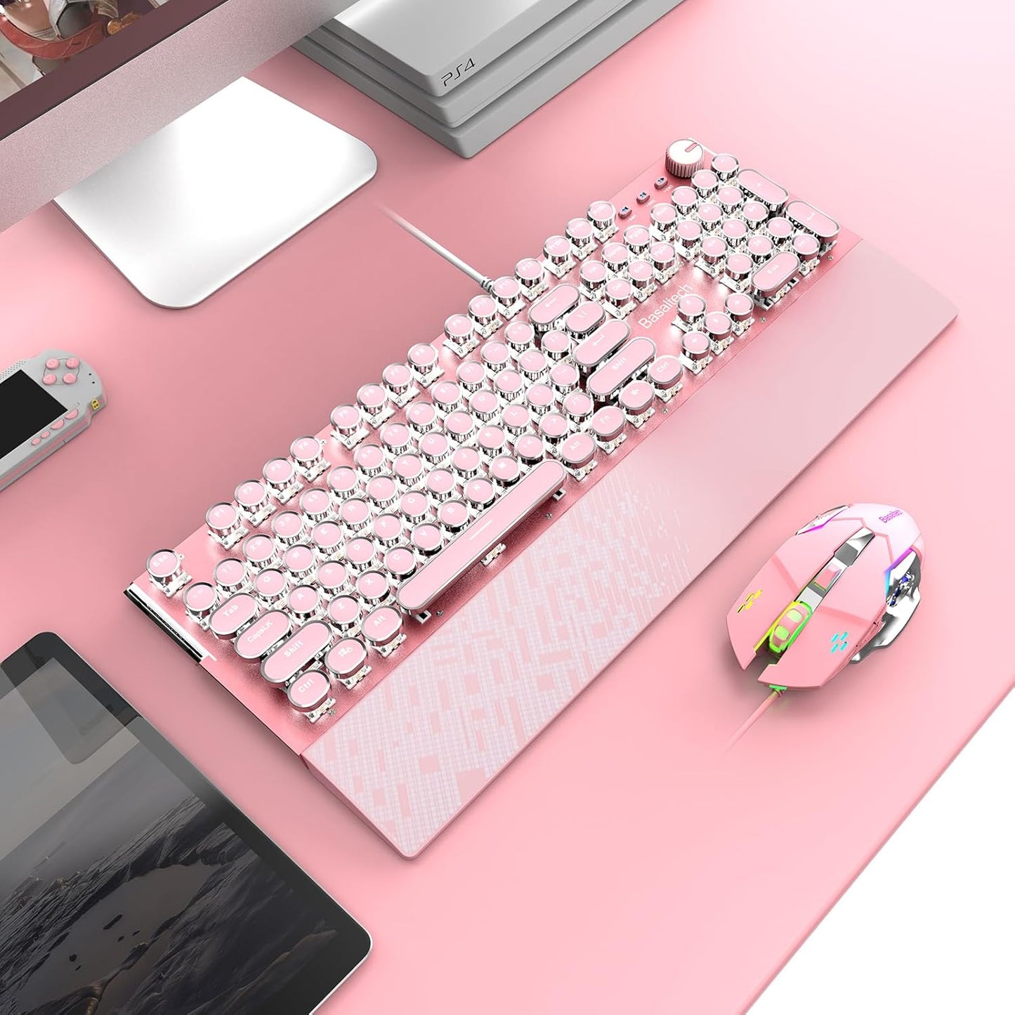 Pink Retro Typewriter Keyboard, Wired Mechanical Gaming Keyboard with Pure White Backlight, 104 Keys Retro Steampunk Vintage Keyboard with Blue Switches, Metal Panel round Keycaps (Pink)