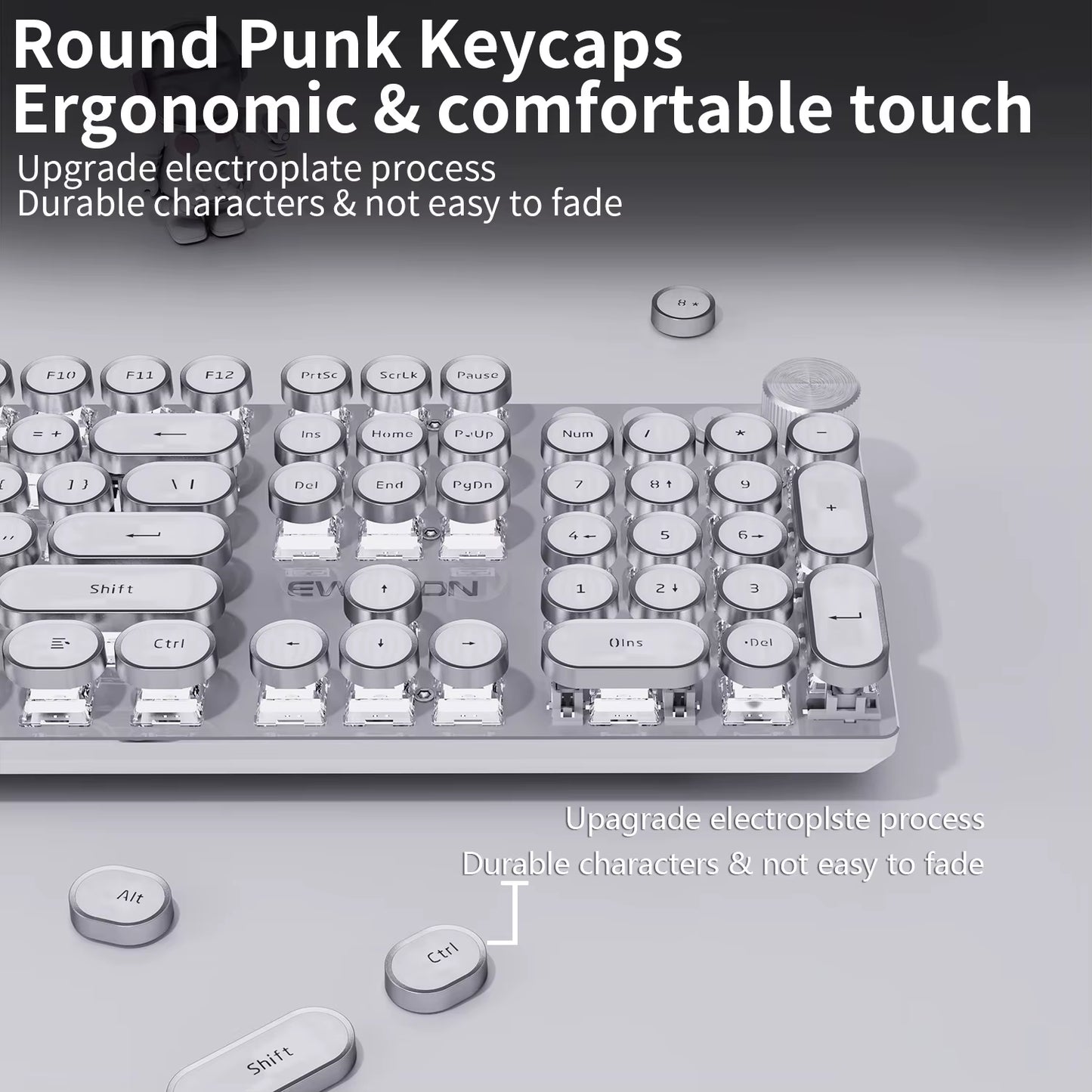 V20 Punk Typewriter Mechanical Gaming Keyboard, 104 Keys round Keycaps LED White Backlit, Key-Wire Separation Design