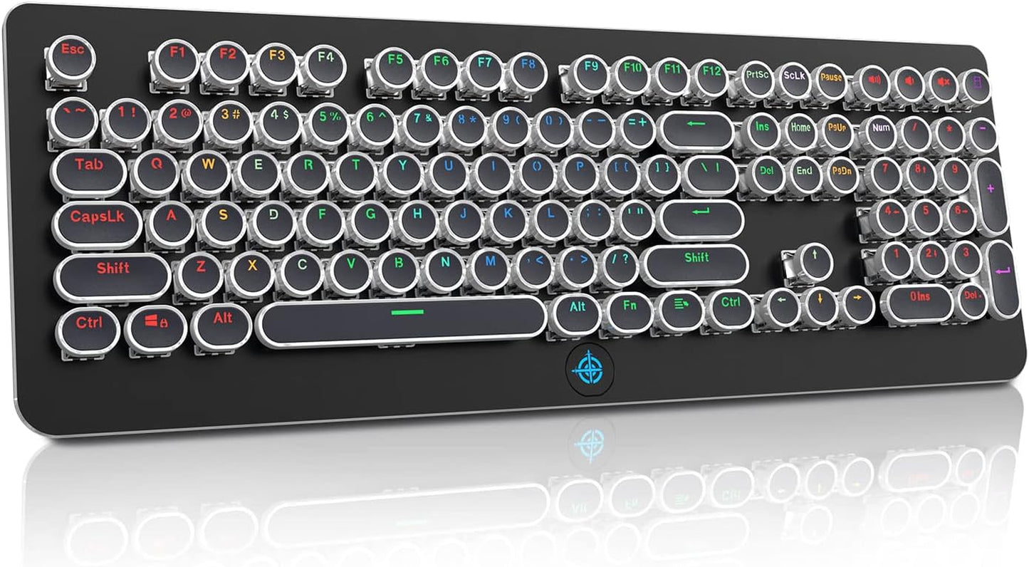 Retro Mechanical Keyboard,  Typewriter Keyboard, RGB Gaming Keyboard with RGB Backlit,Retro Keyboard with round Keycaps and Multimedia Keys for Gaming/Office(108 Keys,Brown Switch,Black)