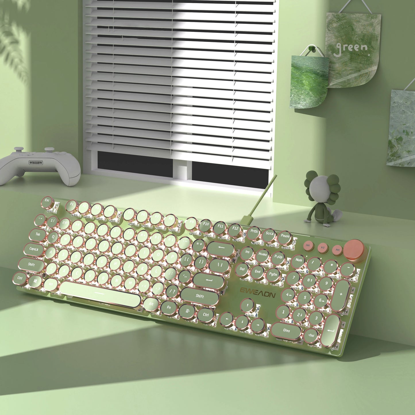 V20 Punk Typewriter Mechanical Gaming Keyboard, 104 Keys round Keycaps LED White Backlit, Key-Wire Separation Design