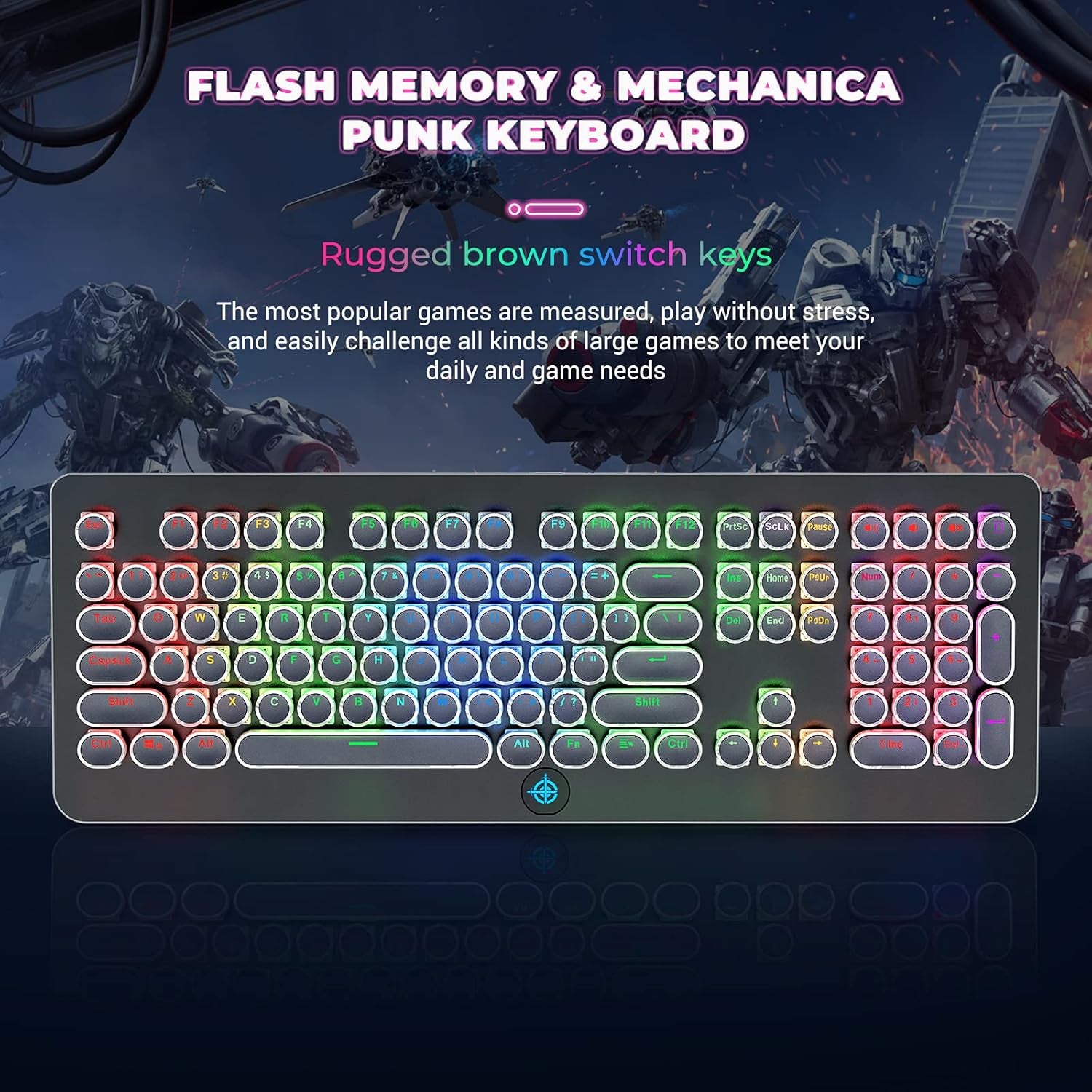 Retro Mechanical Keyboard,  Typewriter Keyboard, RGB Gaming Keyboard with RGB Backlit,Retro Keyboard with round Keycaps and Multimedia Keys for Gaming/Office(108 Keys,Brown Switch,Black)