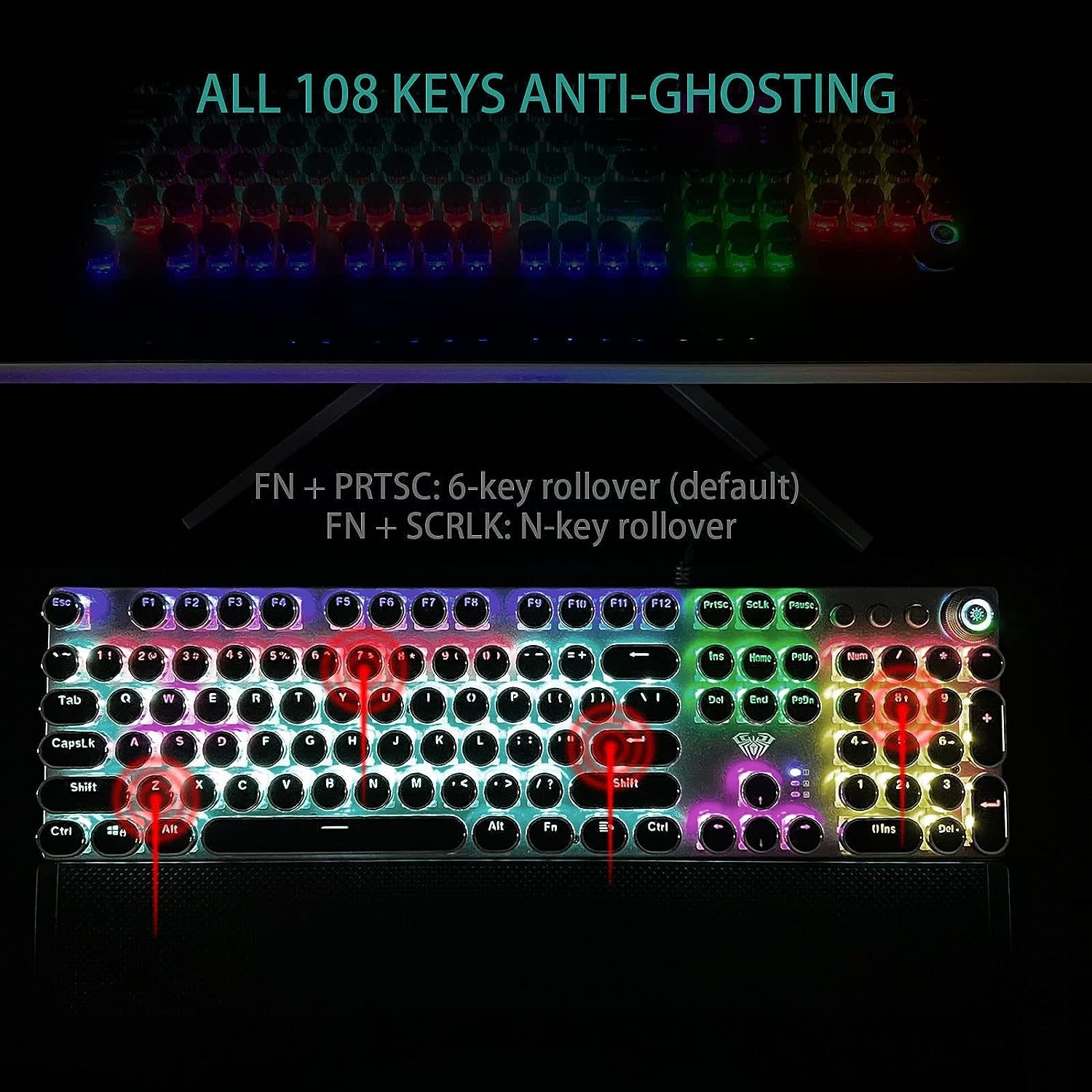 F2088 Typewriter Style Mechanical Gaming Keyboard Blue Switches,Rainbow LED Backlit,Removable Wrist Rest,Media Control Knob,Retro Punk round Keycaps,Usb Wired Computer Keyboard