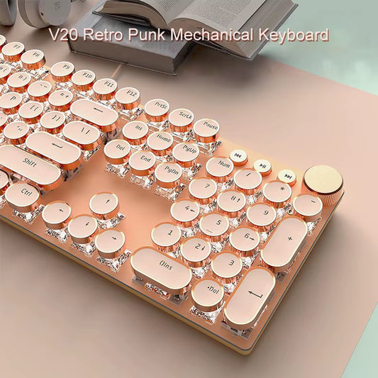 V20 Punk Typewriter Mechanical Gaming Keyboard, 104 Keys round Keycaps LED White Backlit, Key-Wire Separation Design