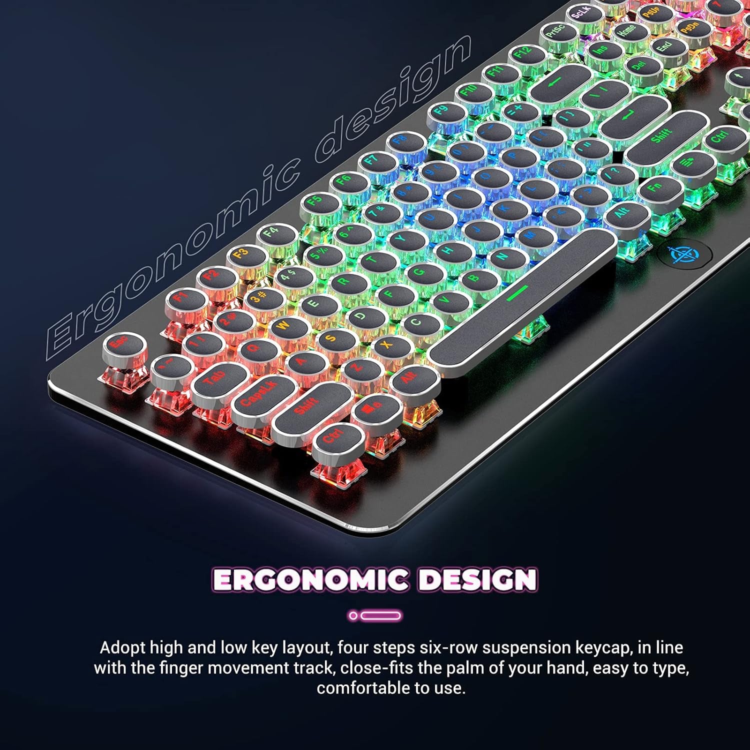 Retro Mechanical Keyboard,  Typewriter Keyboard, RGB Gaming Keyboard with RGB Backlit,Retro Keyboard with round Keycaps and Multimedia Keys for Gaming/Office(108 Keys,Brown Switch,Black)