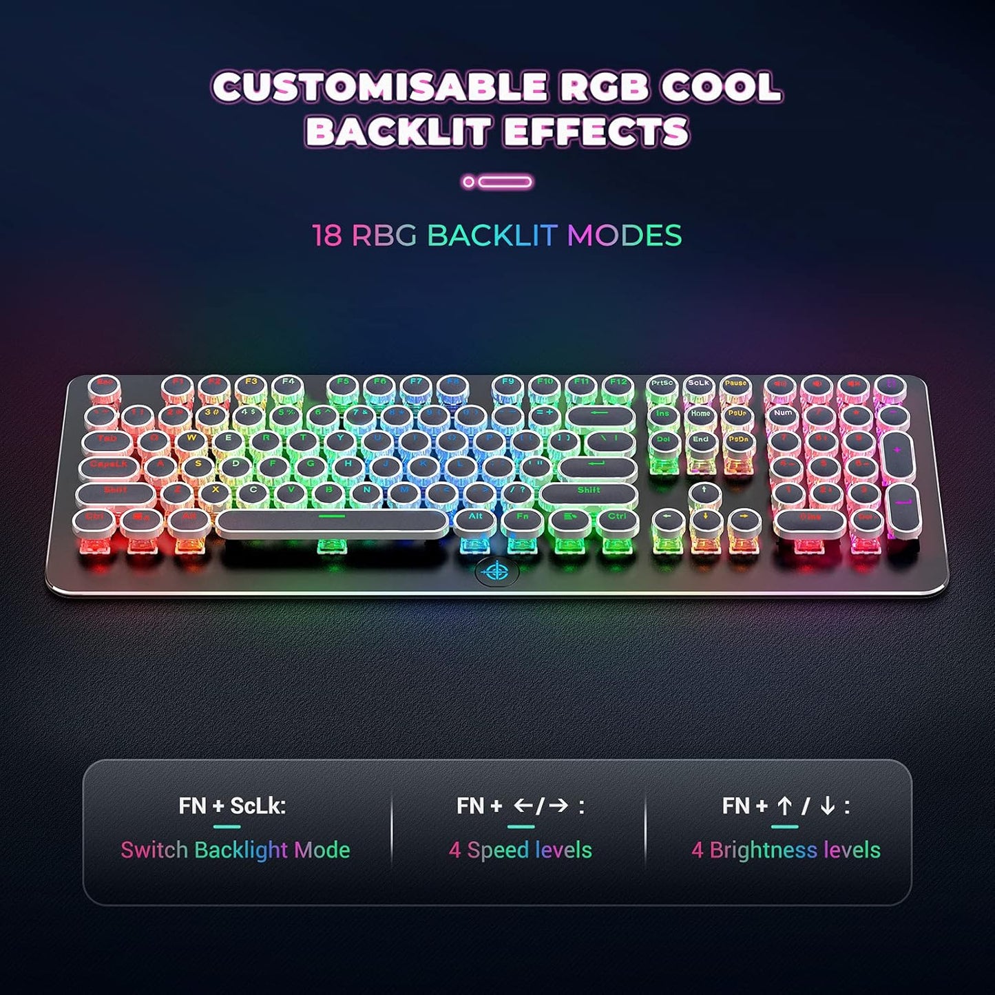 Retro Mechanical Keyboard,  Typewriter Keyboard, RGB Gaming Keyboard with RGB Backlit,Retro Keyboard with round Keycaps and Multimedia Keys for Gaming/Office(108 Keys,Brown Switch,Black)